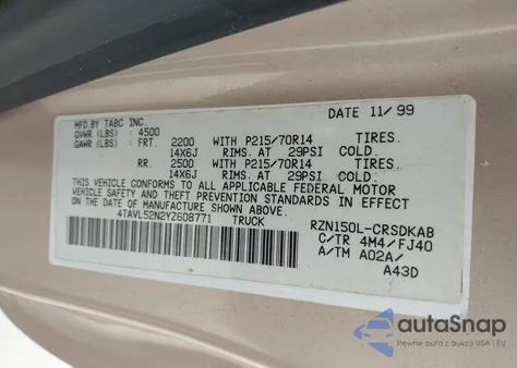 2000 Toyota Tacoma из США, поврежденный, VIN 4TAVL52N2YZ608771